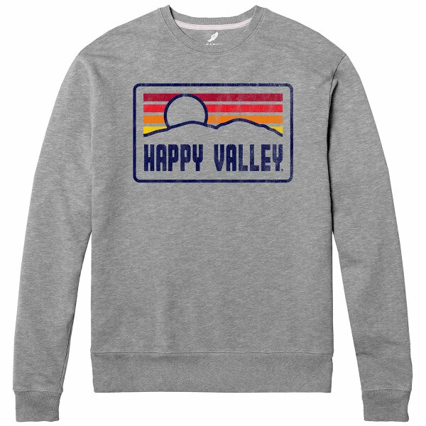 gray long sleeve crew neck sweatshirt with distressed Happy Valley sunrise graphic